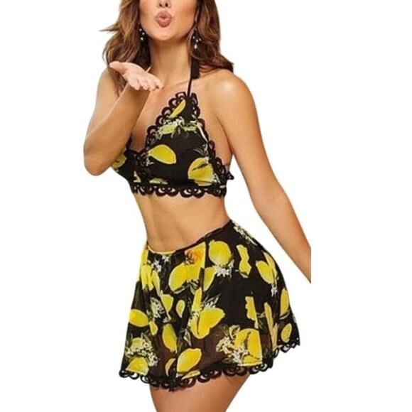 Miss Avenue Black with Lemons Short Set NEW size Large - Picture 3 of 13
